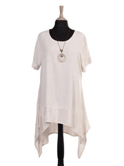Italian Silk Hem Dress With Side Pockets and Necklace - Beige