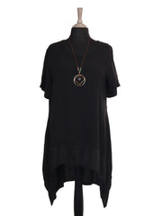 Italian Silk Hem Dress With Side Pockets and Necklace - Black