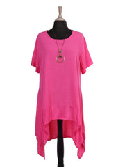 Italian Silk Hem Dress With Side Pockets and Necklace - Cerise