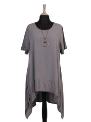 Italian Silk Hem Dress With Side Pockets and Necklace - Grey