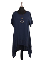 Italian Silk Hem Dress With Side Pockets and Necklace - Navy