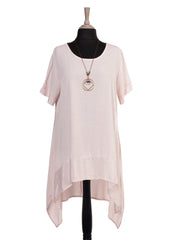 Italian Silk Hem Dress With Side Pockets and Necklace - Baby Pink