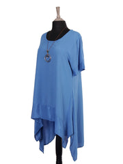 Italian Silk Hem Dress With Side Pockets and Necklace - Royal Blue