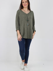 Italian Soft Knitted Round Neck Necklace Jumper Top - Khaki