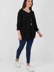 Italian Soft Knitted Round Neck Necklace Jumper Top - Black
