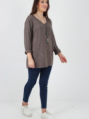 Italian Soft Knitted Round Neck Necklace Jumper Top - Chocolate