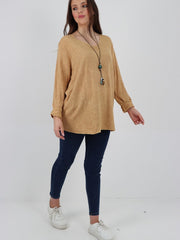 Italian Soft Knitted Round Neck Necklace Jumper Top - Mustard
