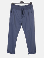 Italian Solid Color Cotton Trousers With Side Pockets - Denim