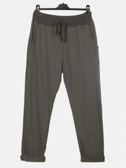 Italian Solid Color Cotton Trousers With Side Pockets - Army Green