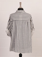 Italian Stripe Print Button Through Linen Top - Beige