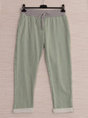 Italian Striped Print Cotton Trousers - Green