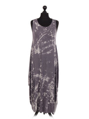 Italian Tie & Dye Print Lagenlook Dress - Charcoal