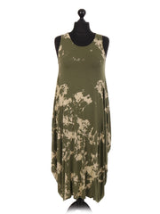 Italian Tie & Dye Print Lagenlook Dress - Khaki