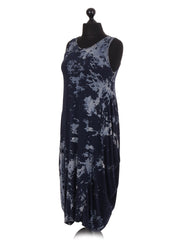 Italian Tie & Dye Print Lagenlook Dress - Navy
