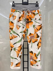 Italian Tulip Printed Cotton Joggers - Orange