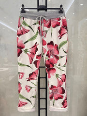Italian Tulip Printed Cotton Joggers - Red