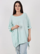 Italian Turn-up Sleeves Gathered Hem Linen Top - Aqua