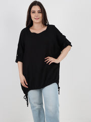 Italian Turn-up Sleeves Gathered Hem Linen Top - Black