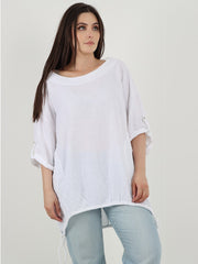 Italian Turn-up Sleeves Gathered Hem Linen Top - White