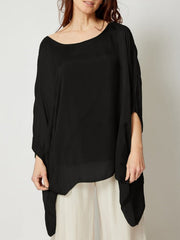 Italian Two Layered Plain Silk batwing Tunic Top - Black