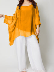 Italian Two Layered Plain Silk batwing Tunic Top - Orange