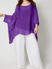 Italian Two Layered Plain Silk batwing Tunic Top - Purple