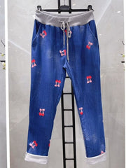 Italian Vintage Wash Cherry Print Joggers - Denim