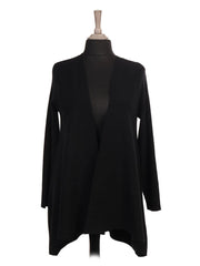Italian Waterfall Open Front Ribbed Cardigan- Black