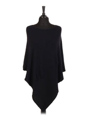 Italian Wool Mix Ribbed Star Poncho -Black