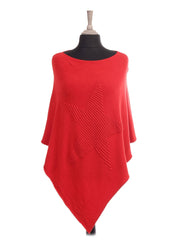 Italian Wool Mix Ribbed Star Poncho - Red