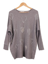 Pearl And Diamante Hearts Detail Ribbed Knitted Jumper - Grey