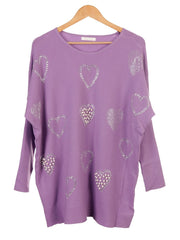 Pearl And Diamante Hearts Detail Ribbed Knitted Jumper - Lilac