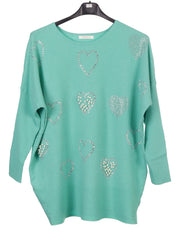 Pearl And Diamante Hearts Detail Ribbed Knitted Jumper - Mint