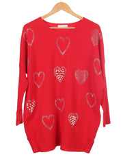 Pearl And Diamante Hearts Detail Ribbed Knitted Jumper - Red