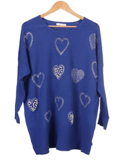 Pearl And Diamante Hearts Detail Ribbed Knitted Jumper - Royal Blue