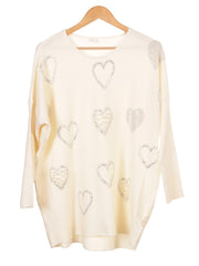 Pearl And Diamante Hearts Detail Ribbed Knitted Jumper - White