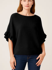 Italian Ruffle Sleeves Batwing Jumper - Black