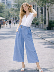 Italian Button Detail Denim Culottes - Light Denim