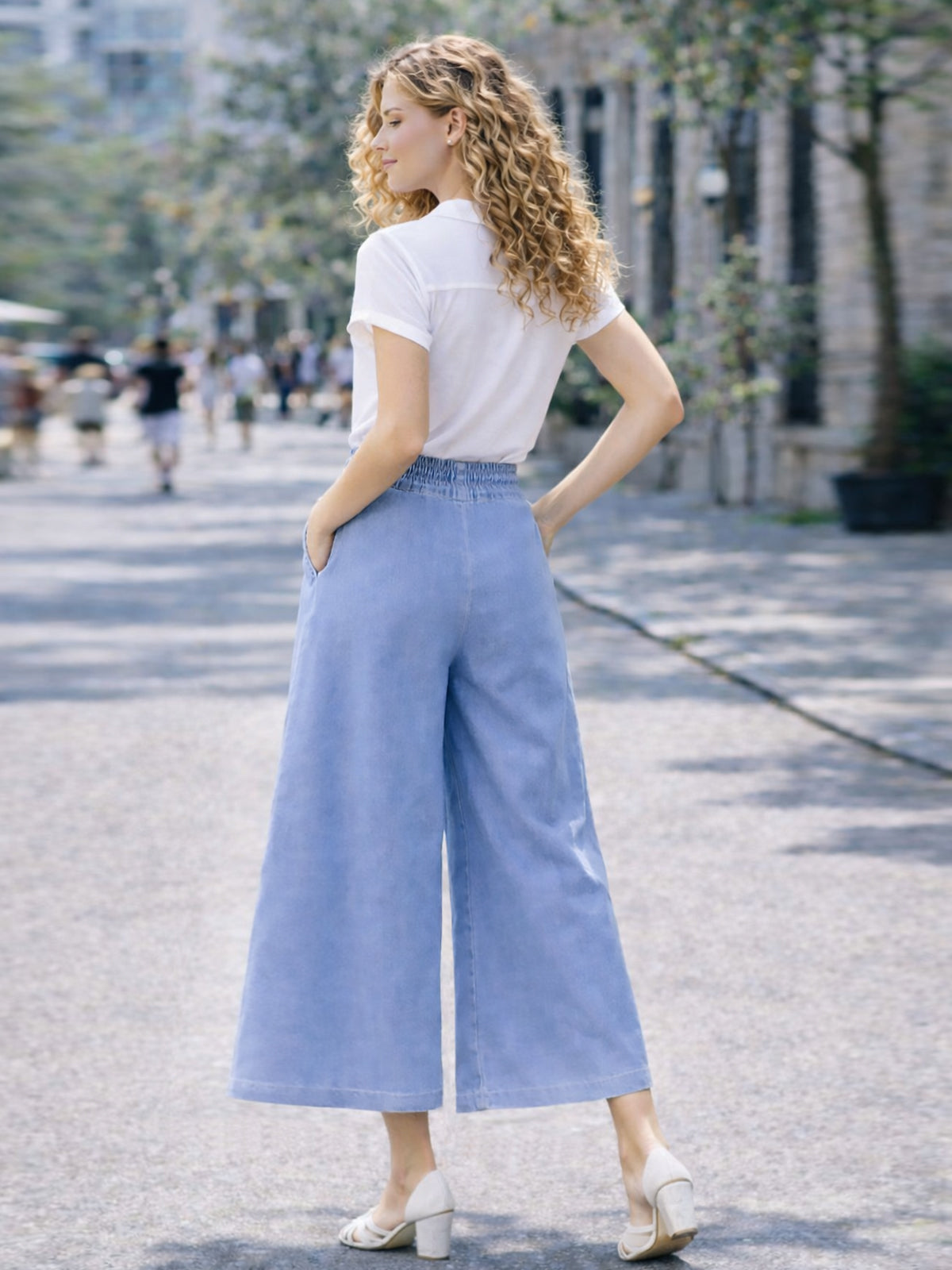 Italian Button Detail Denim Culottes - Light Denim