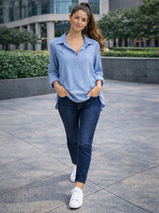 Italian Collard Neck Chambray Blouse - Light Denim