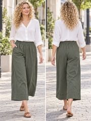 Italian Cotton Corduroy Wide Leg Culottes Pocket Trousers - Army Green