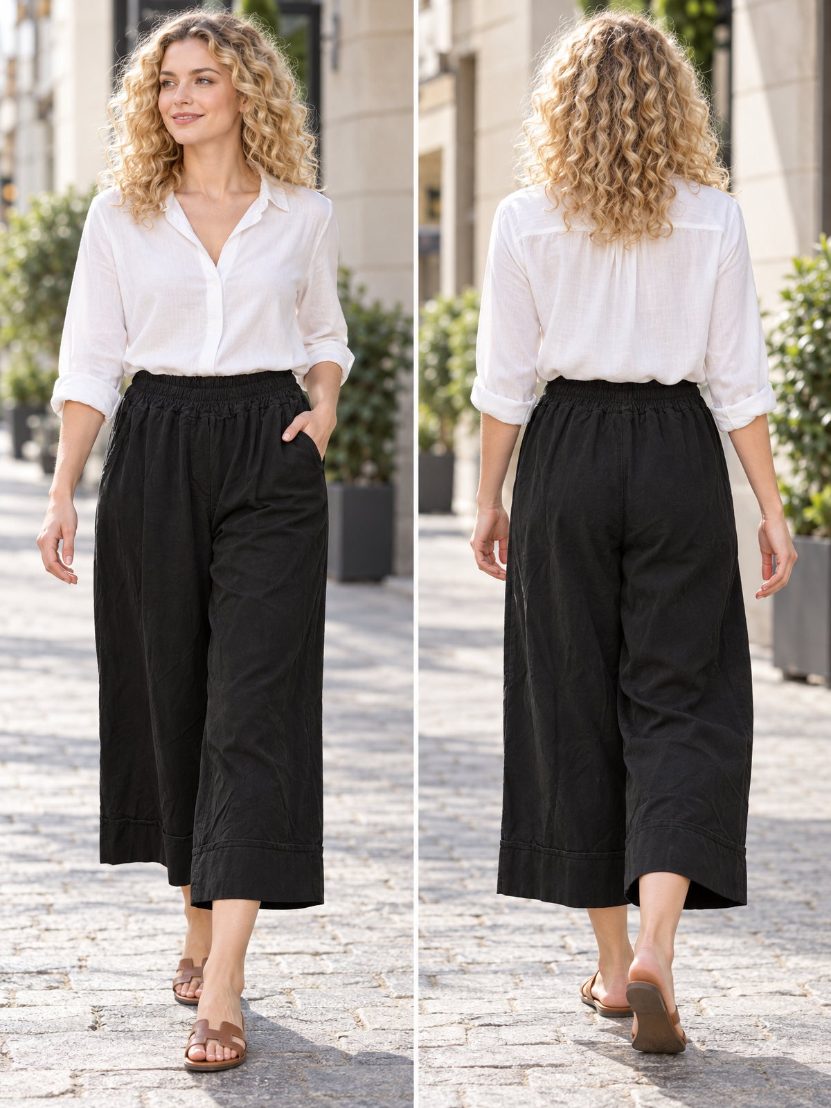 Italian Cotton Corduroy Wide Leg Culottes Pocket Trousers - Black