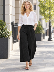 Italian Cotton Corduroy Wide Leg Culottes Pocket Trousers - Black