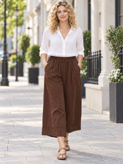 Italian Cotton Corduroy Wide Leg Culottes Pocket Trousers - Chocolate