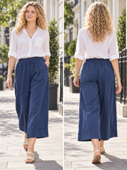 Italian Cotton Corduroy Wide Leg Culottes Pocket Trousers - Royal Blue