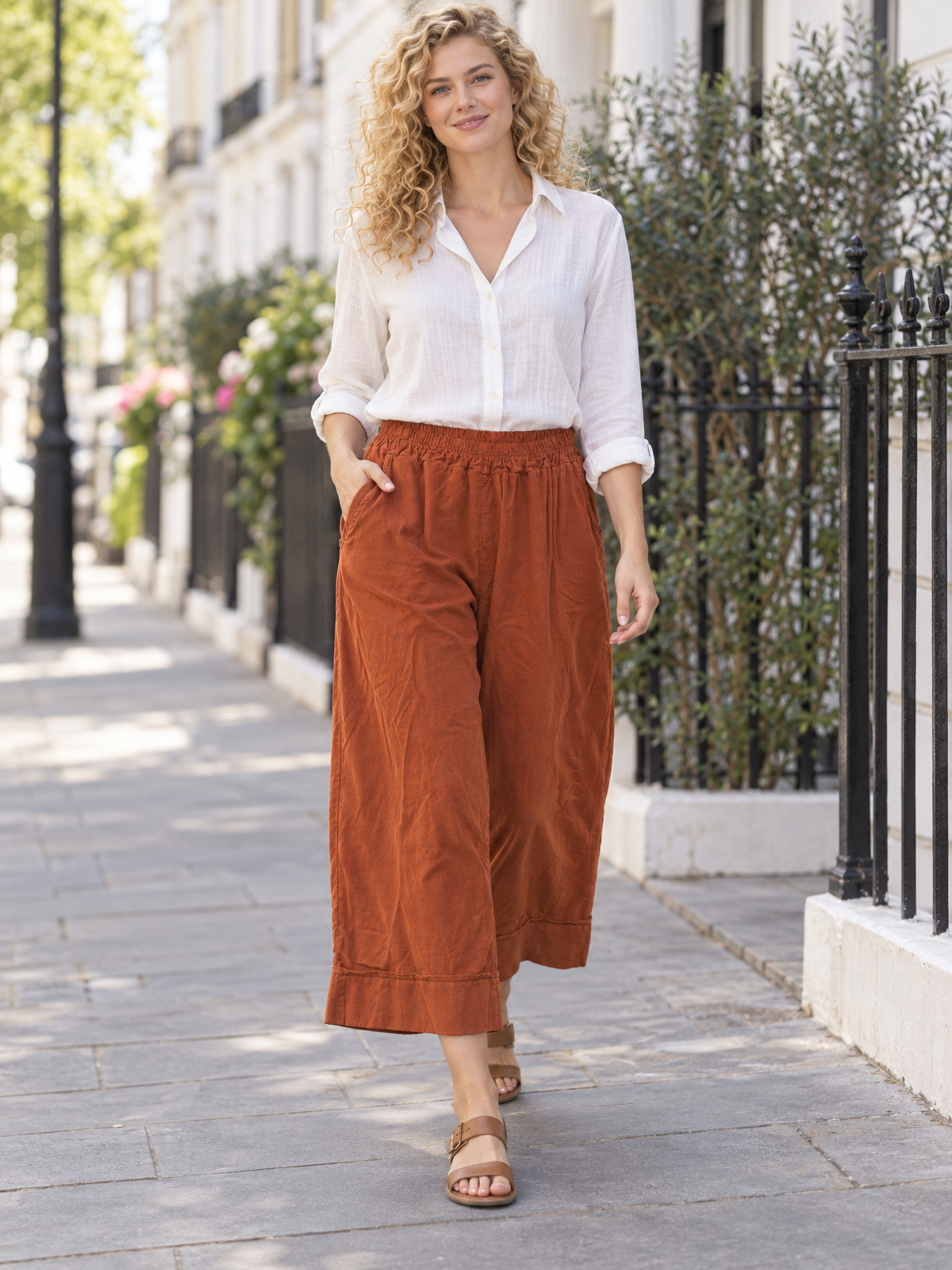 Italian Cotton Corduroy Wide Leg Culottes Pocket Trousers - Rust
