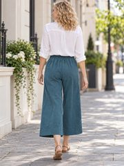 Italian Cotton Corduroy Wide Leg Culottes Pocket Trousers - Teal