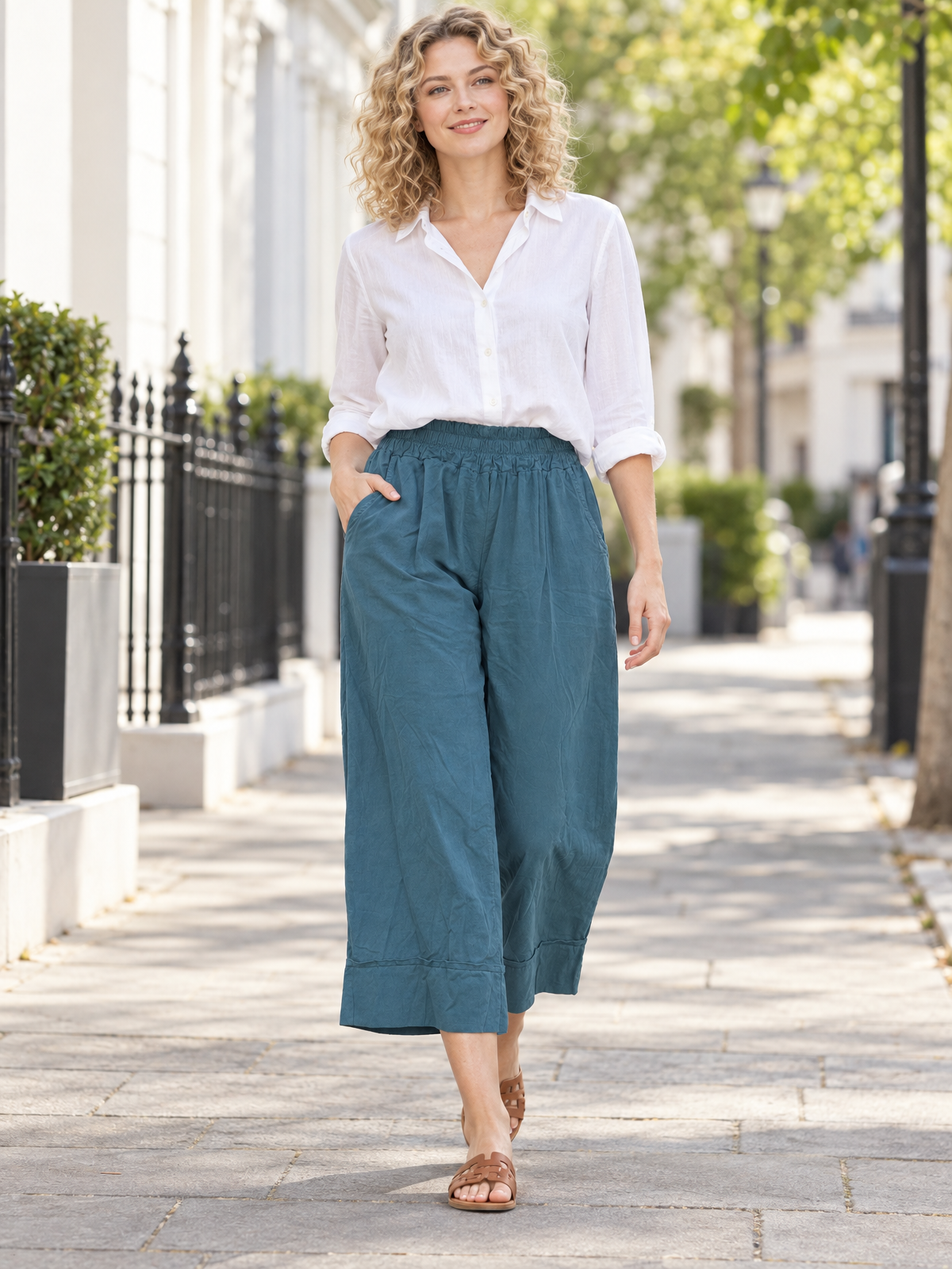 Italian Cotton Corduroy Wide Leg Culottes Pocket Trousers - Teal