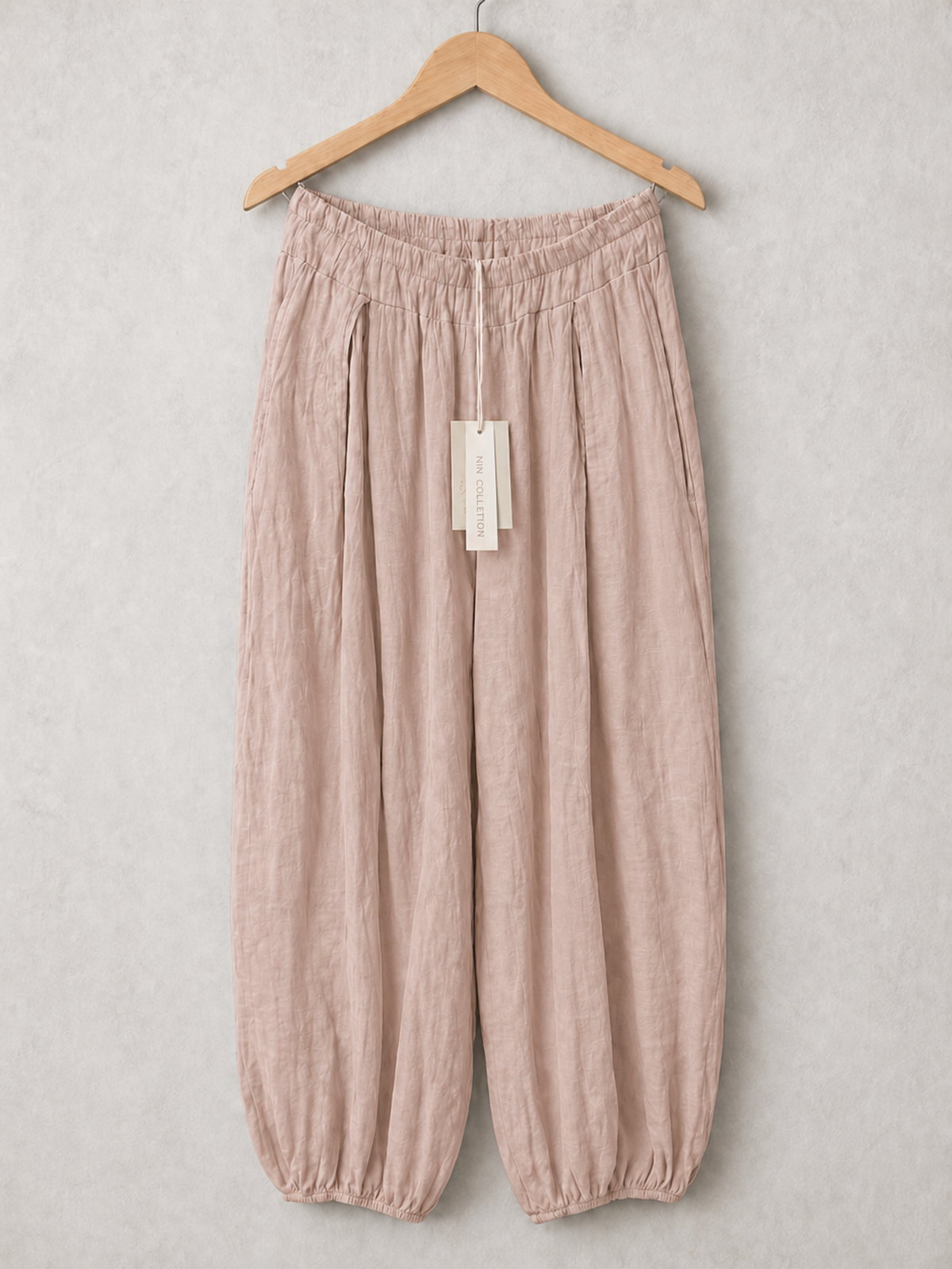 Italian Crinkle Fabric Elasticated Waist Harem Trousers - Baby Pink