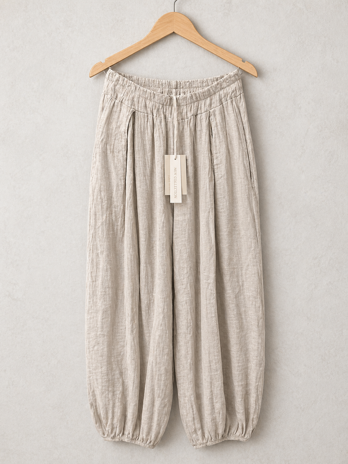 Italian Crinkle Fabric Elasticated Waist Harem Trousers - Beige